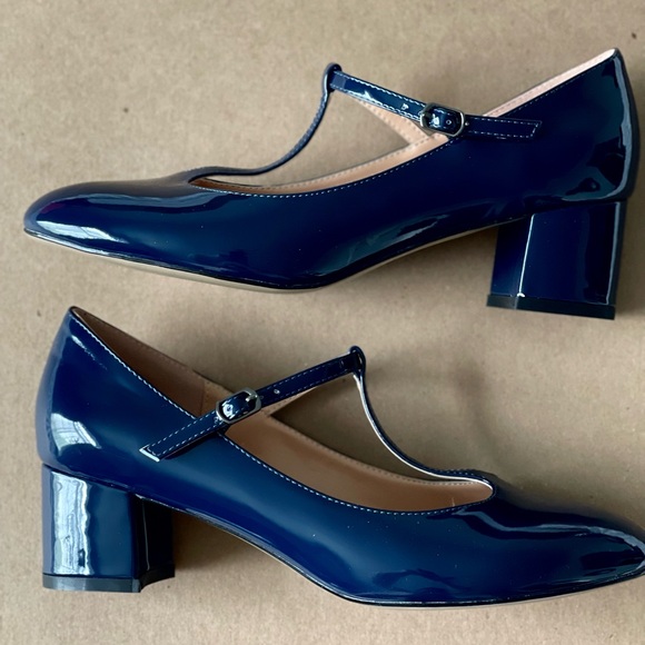 Navy Patent Mary Jane T-strap Low Heels - Picture 3 of 11